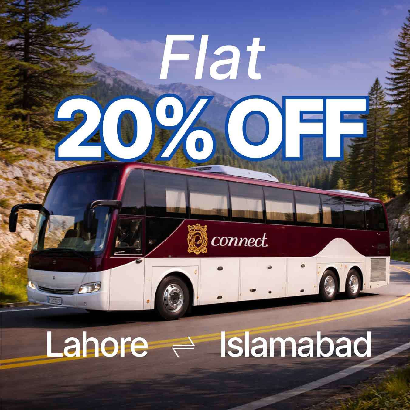 Flat 20% OFF on QConnect Bus from Lahore to Islamabad and vice versa Flat 20% OFF on QConnect Bus from Lahore to Islamabad and vice versa